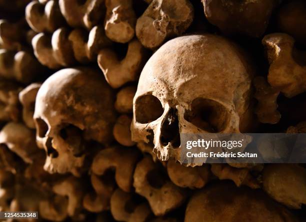 Ossuary in the catacombs of Paris, Ile-de-France, France on July 02, 2020 in Paris, France.