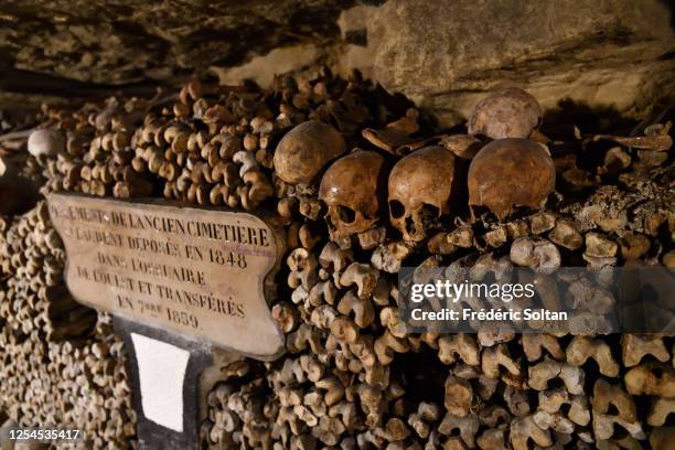 Ossuary in the catacombs of Paris, Ile-de-France, France on July 02, 2020 in Paris, France.