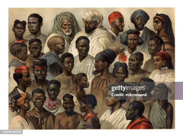 old engraved illustration of ethnology, races of man - african peoples - african art stock pictures, royalty-free photos & images