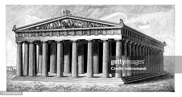 old engraved illustration of the parthenon, athenian acropolis, greece - greek architecture - chapiteau colonne architecturale photos et images de collection