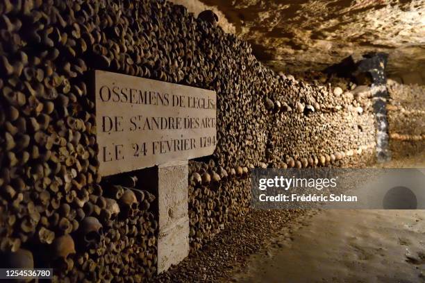 Ossuary in the catacombs of Paris, Ile-de-France, France on July 02, 2020 in Paris, France.