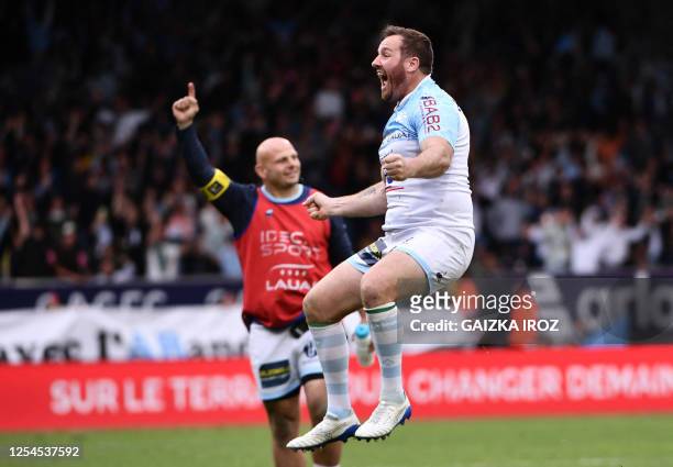 Bayonne's french fly-half Camille Lopez celebrates after winning the French Top14 rugby union match between Aviron Bayonnais and ASM Clermont...