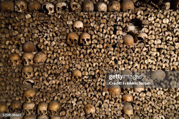 Ossuary in the catacombs of Paris, Ile-de-France, France on July 02, 2020 in Paris, France.