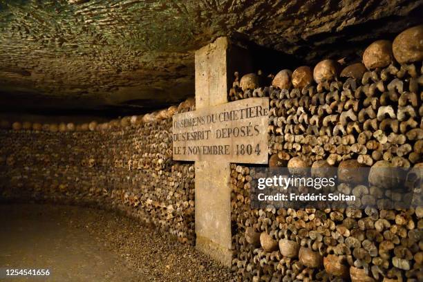 Ossuary in the catacombs of Paris, Ile-de-France, France on July 02, 2020 in Paris, France.