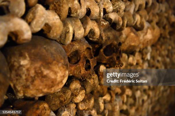 Ossuary in the catacombs of Paris, Ile-de-France, France on July 02, 2020 in Paris, France.