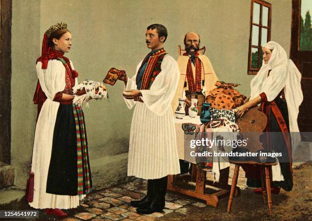 Transylvania , Hungarian family '. 1910. Coloured lithograph. In Emil Sigerus. Durch Siebenbürgen . Printing and publishing by Josef Drotleff....