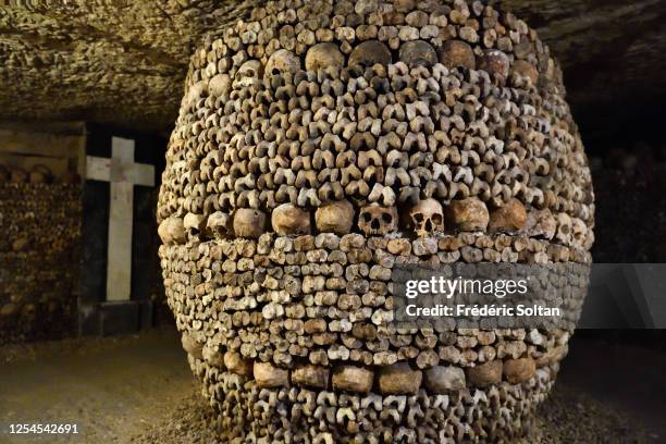 Ossuary in the catacombs of Paris, Ile-de-France, France on July 02, 2020 in Paris, France.