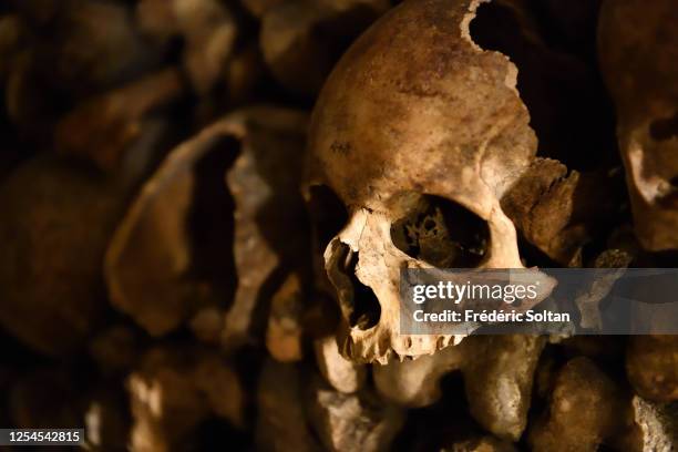 Ossuary in the catacombs of Paris, Ile-de-France, France on July 02, 2020 in Paris, France.