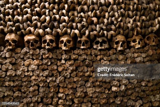 Ossuary in the catacombs of Paris, Ile-de-France, France on July 02, 2020 in Paris, France.