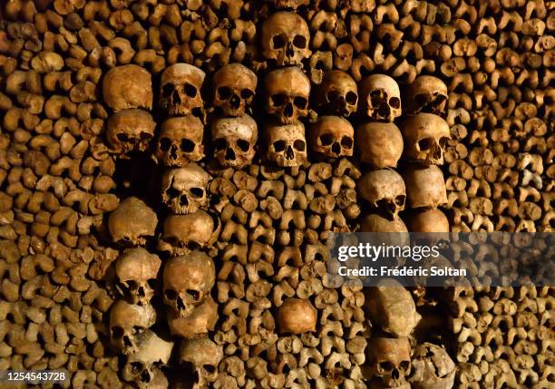 Ossuary in the catacombs of Paris, Ile-de-France, France on July 02, 2020 in Paris, France.