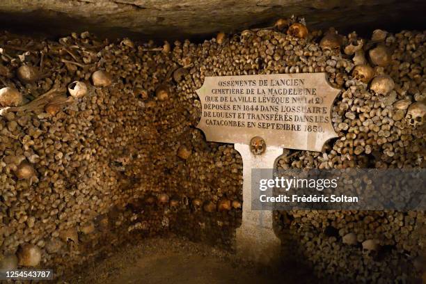 Ossuary in the catacombs of Paris, Ile-de-France, France on July 02, 2020 in Paris, France.