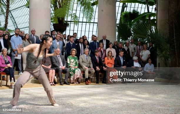 Queen Mathilde d'Udekem d'Acoz, King Philippe of Belgium, Prince Emmanuel, Princess Eleonore, Duchess of Brabant and Prince Gabriel look at a dance...