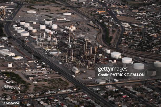 In an aerial image taken on May 12 the Marathon Petroleum El Paso Oil Refinery is seen during takeoff from El Paso International Airport in El Paso,...