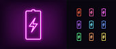 Neon battery icon. Neon charge battery sign with lightning