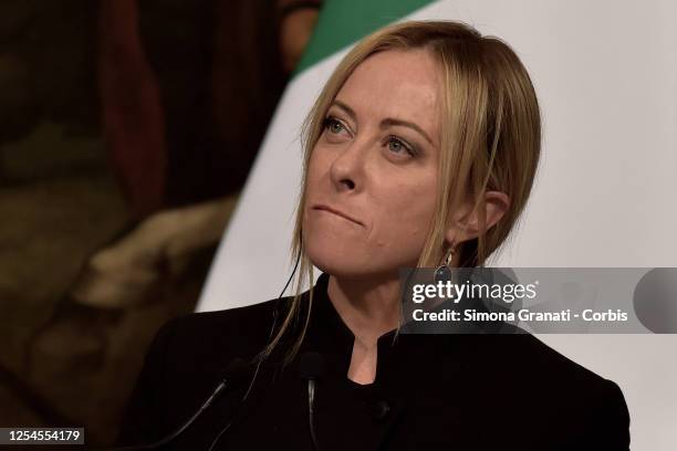 Italian Prime Minister Giorgia Meloni speaks to media during a joint press conference after a meeting with President of Ukraine Volodymyr Zelensky at...
