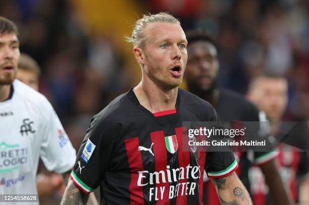 Simon Kjaer of AC Milan reacts during the Serie A match between Spezia Calcio and AC MIlan at Stadio Alberto Picco on May 13, 2023 in La Spezia,...