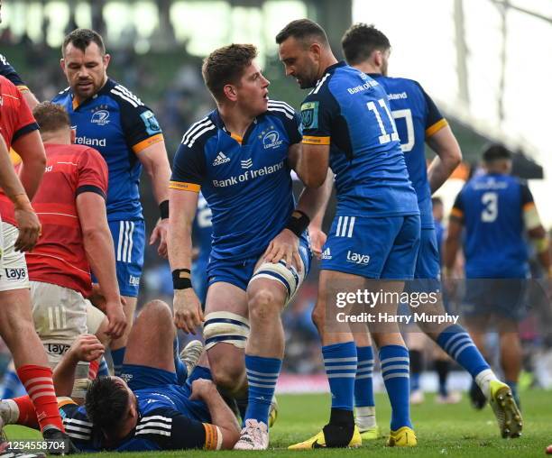 Dublin , Ireland - 13 May 2023; Joe McCarthy of Leinster with teammate Dave Kearney after scoring his side's second try during the United Rugby...