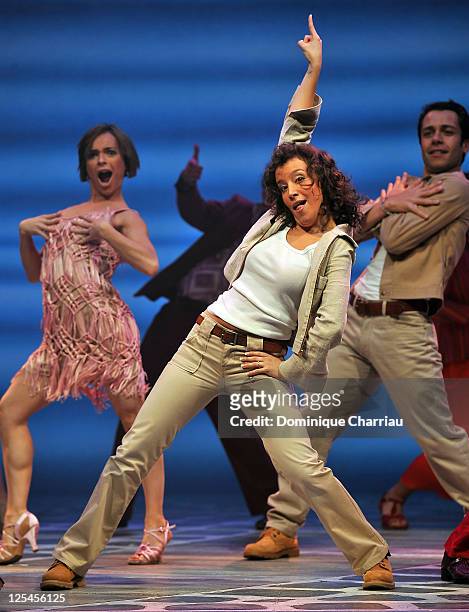 Gaelle Gauthier performs on stage during the Mamma-Mia! rehearsals at Theatre Mogador on October 27, 2010 in Paris, France.
