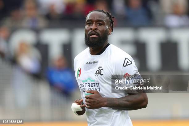 Bala Nzola of Spezia Calcio looks on during the Serie A match between Spezia Calcio and AC MIlan at Stadio Alberto Picco on May 13, 2023 in La...