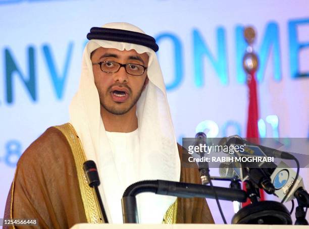 Emirati President Sheikh Zayed bin Sultan al-Nahyan's son and Emirati Information Minister Sheikh Abdullah bin Zayed gives a speech at an Environment...