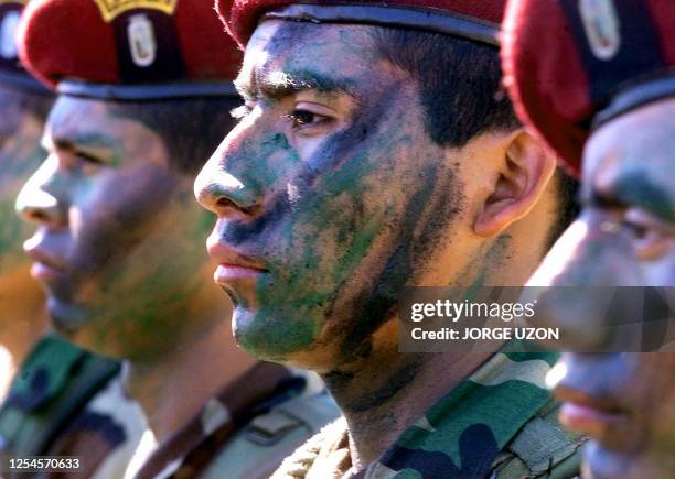 Army troops with painted faces attend the transition ceremony for the Minister of Defence in Guatemala City, Guatemala, 11 January 2001. Efectivos...