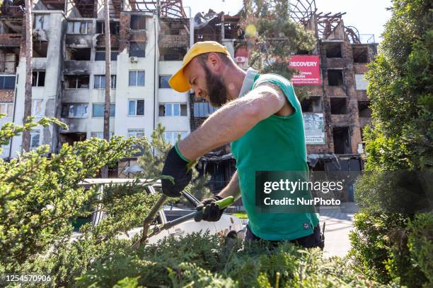 Man trims a tree in front of bombarded and burnt block of flats as reconstruction plan for the destroyed neighbourhood started in Irpin, Kyiv region,...