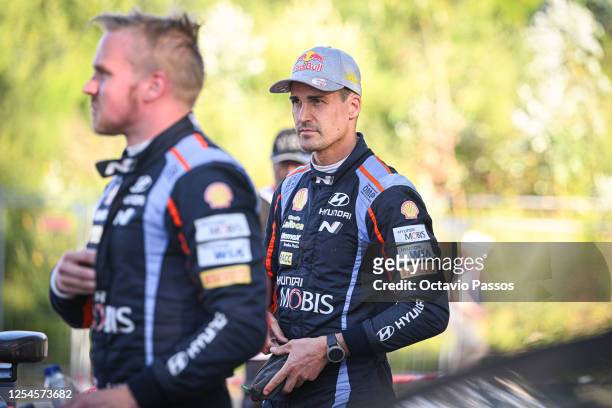 Dani Sordo of Spain prepares for the SS15 Lousada Super Special Stage on Day Three of the FIA World Rally Championship Portugal on May 13, 2023 in...