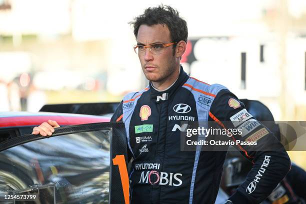 Thierry Neuville of Belgium prepares for the SS15 Lousada Super Special Stage on Day Three of the FIA World Rally Championship Portugal on May 13,...