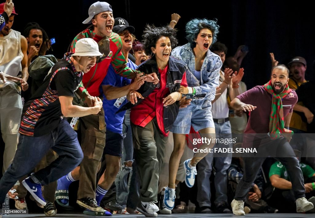 Morocco's Fatima Zahra El Mamouny, aka Bgirl Elmamouny, reacts after