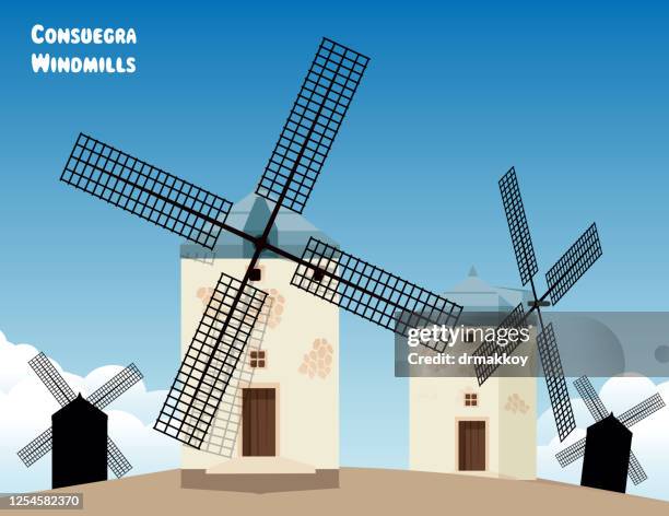 ilustraciones, imágenes clip art, dibujos animados e iconos de stock de molinos de viento consuegra - alcazar de san juan