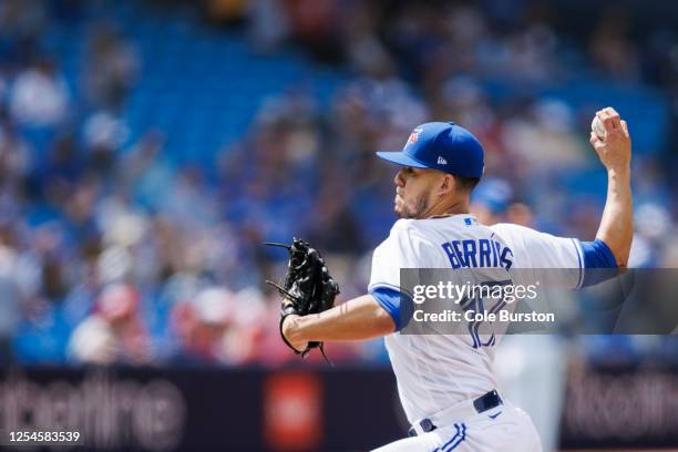 Jose Berrios of the Toronto Blue Jays pitches in the first inning of their MLB game against the Atlanta Braves at Rogers Centre on May 13, 2023 in...