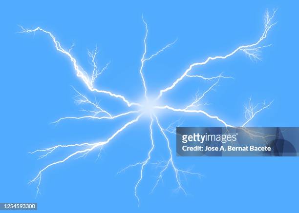 energy, lightning on blue background. - electric shock stockfoto's en -beelden
