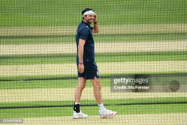 James Anderson of England smiles during a nets session at Ageas Bowl on July 06, 2020 in Southampton, England.