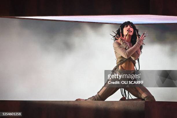 Singer Loreen performs on behalf of Sweden during the final of the Eurovision Song contest 2023 on May 13, 2023 at the M&S Bank Arena in Liverpool,...