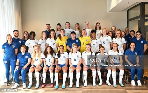 The England team and support staff during a England squad portrait session at the UEFA Women's European Under-17 Championship Finals 2023 in the V...