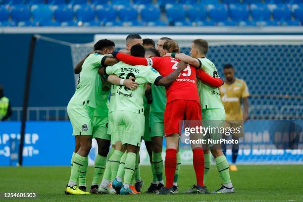 Krasnodar players celebrate a goal during the Russian Premier League match between FC Zenit Saint Petersburg and FC Krasnodar on May 13, 2023 at...