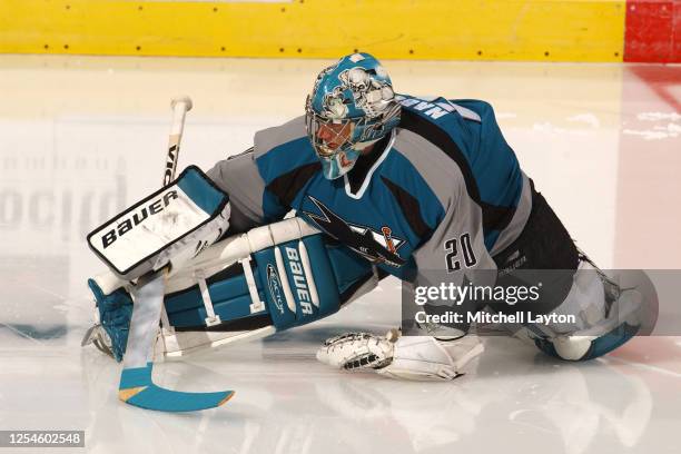 Evgeni Nabokov of the San Jose Sharks warms up before a NHL hockey game against the Washington Capitals at MCI Center on November 19, 2002 in...