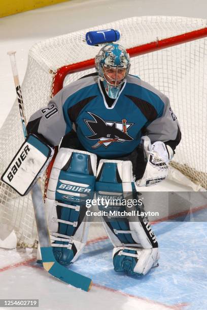 Evgeni Nabokov of the San Jose Sharks looks on during a NHL hockey game against the Washington Capitals at MCI Center on November 19, 2002 in...