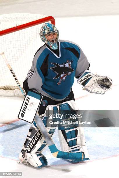 Evgeni Nabokov of the San Jose Sharks looks on during a NHL hockey game against the Washington Capitals at MCI Center on November 19, 2002 in...