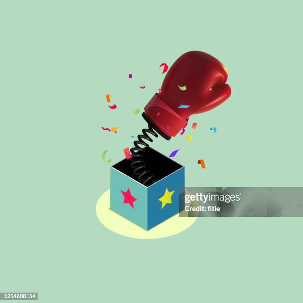 illustrazioni stock, clip art, cartoni animati e icone di tendenza di guanto da boxe rosso fuori dalla scatola a sorpresa, - molla