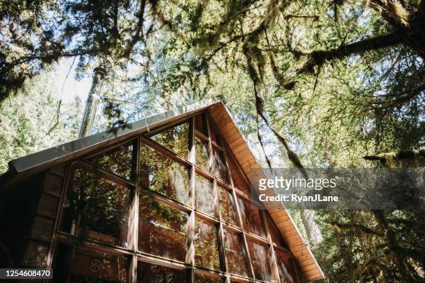 rustic cabin retreat in the forest with large bay windows - woodland stock pictures, royalty-free photos & images