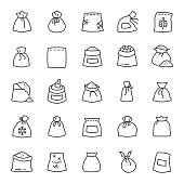 Bag, icon set. Bags with groats, sugar, flour, etc., various shapes, linear icons. Editable stroke