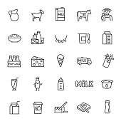 Milk, dairy products, icon set. Cream, butter, cheese, infant formula, yogurt, etc. linear icons. Editable stroke