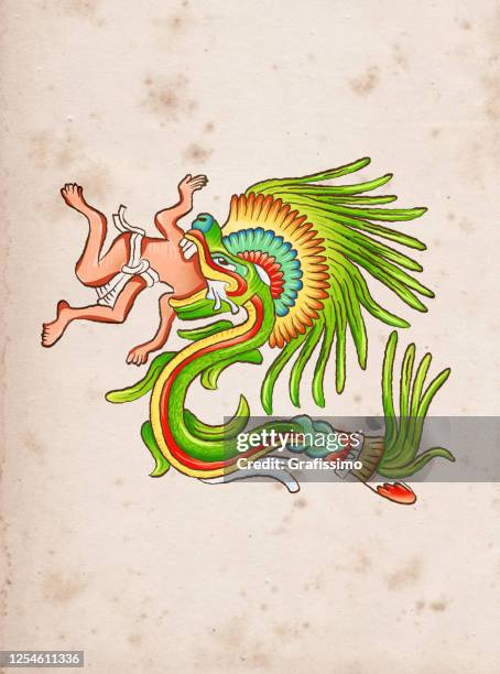 aztec god of wind and wisdom quetzalcoatl eating human - shaman stock illustrations