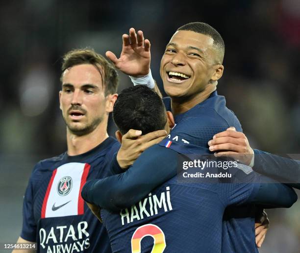 Achraf HAKIMI celebrates after scoring with Kylian MBAPPE of Paris Saint-Germain in action during the French Ligue 1 soccer match between Paris...