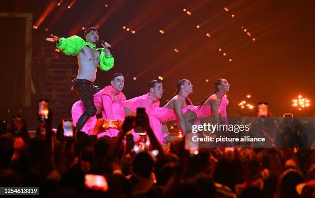 May 2023, Great Britain, Liverpool: Käärijä from Finland sings "Cha Cha Cha" at the final of the 67th Eurovision Song Contest at the M&S Bank Arena....