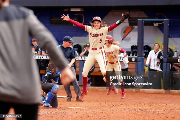 Florida State Seminoles Devyn Flaherty celebrates scoring the winning run in the bottom of the seventh inning to win the ACC Tournament Championship...