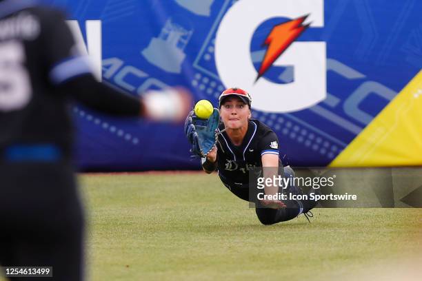 Duke Blue Devils Claire Davidson makes the diving catch for the out during the ACC Tournament Championship between the Duke Blue Devils and the...
