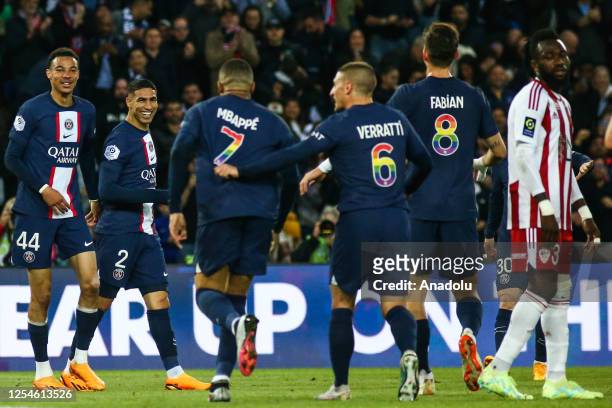 Achraf Hakimi of Paris Saint-Germain celebrates his goal during the French Ligue 1 soccer match between Paris Saint-Germain and AC Ajaccio at Parc...