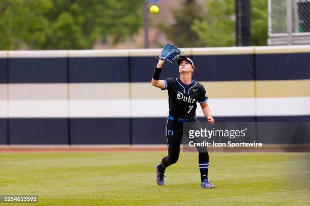 Duke Blue Devils Claire Davidson makes the catch for the out during the ACC Tournament Championship between the Duke Blue Devils and the Florida...